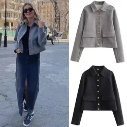 TRA&F Women's Aviator Black Jacket Wool & Blends Coats Cropped Bomber Jacket  Autumn Winter Demi-season Crop Jacket Outerwears