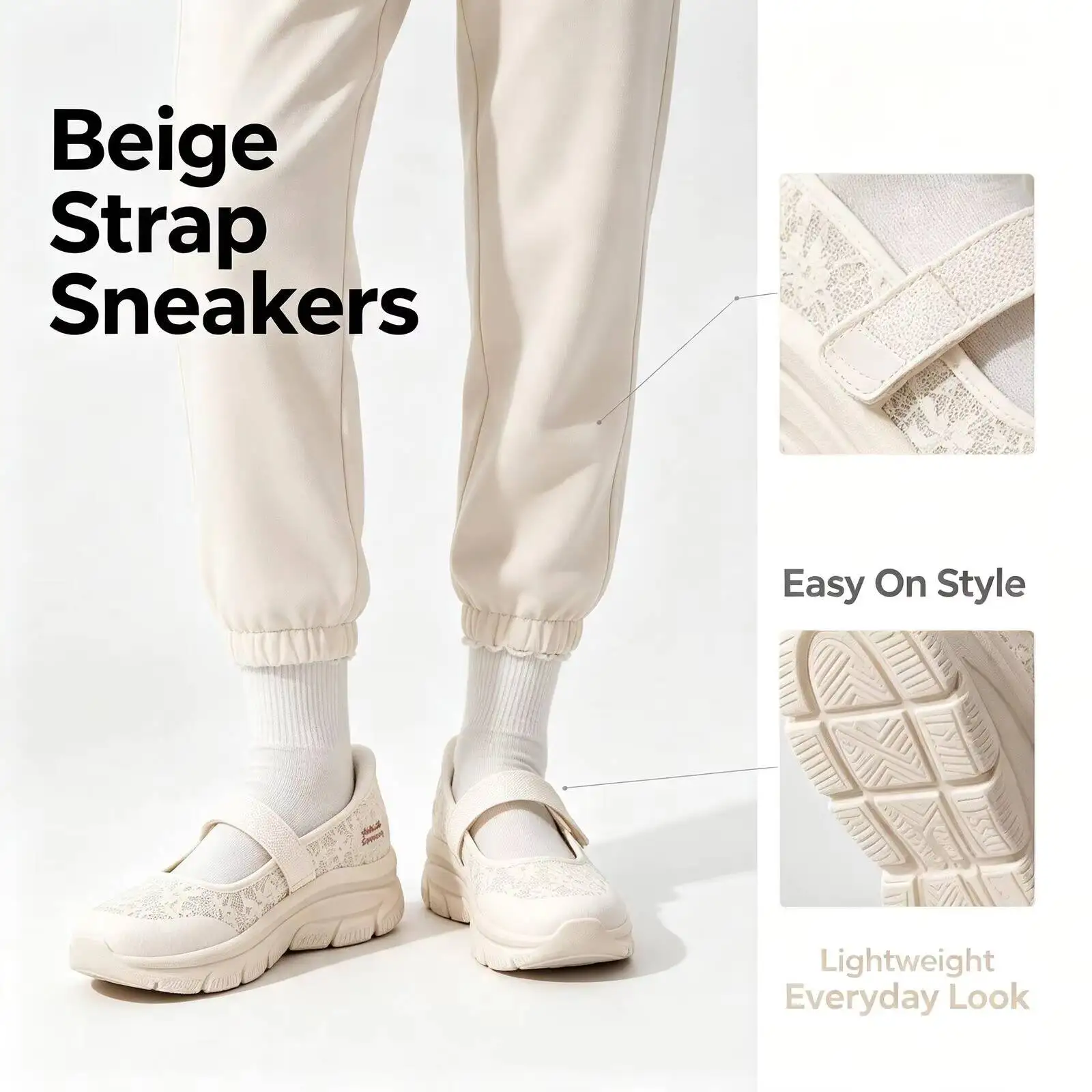 Hot Skechers Mary Jane Trendy Fashion Beige Strap Sneakers for Men Cushioned Thick Sole Lightweight Street Sport Shoes