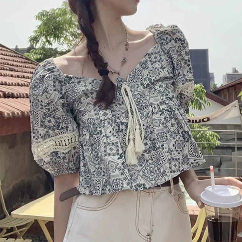 Vintage Cropped Print Shirts Vrouwen Elegante Vierkante Kraag Puff Blouses Korte Mouwen Zomer Street Wear Koreaanse Bandage Crop Tops