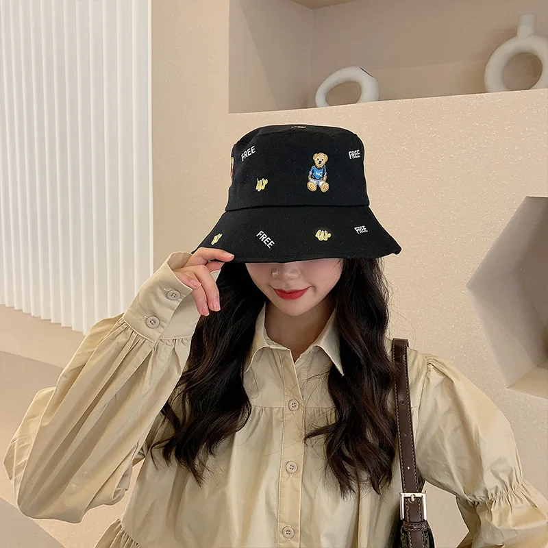 Fashion Spring Summer Fisherman Caps Women Cute Small Bear Embroidery Sunscreen Panama Hats Men Outdoor Sports Casual Bucket Hat