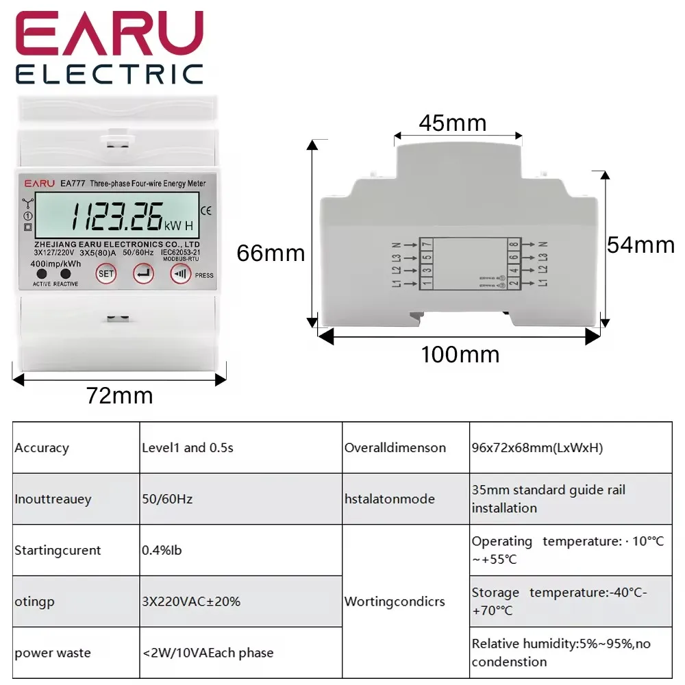 4P 3 Phase 4 Wires 80A Two-Ways Bi-Directional Multifunctional Measurement Volmeter Ammeter Wottmeter Hz Din Rail Energy Meter