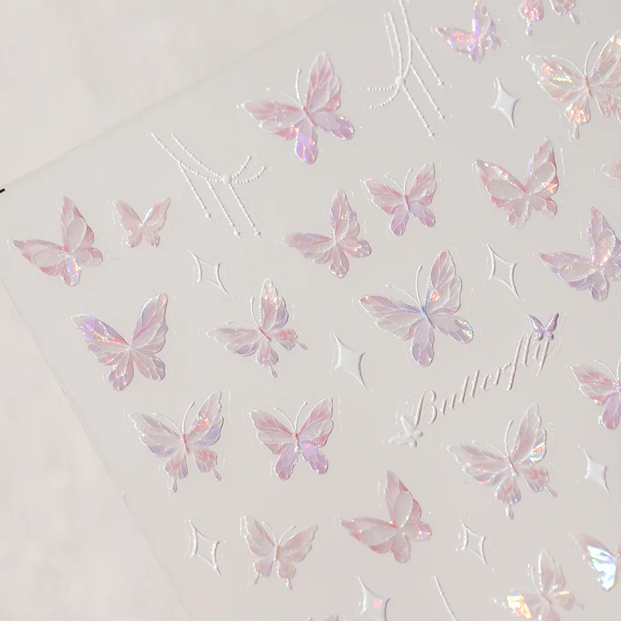 Shining Pink Aurora Shell Light Butterfly Nail Stickers 3D Nail Art Design Decoration Decals DIY Manicure Newest Desgin