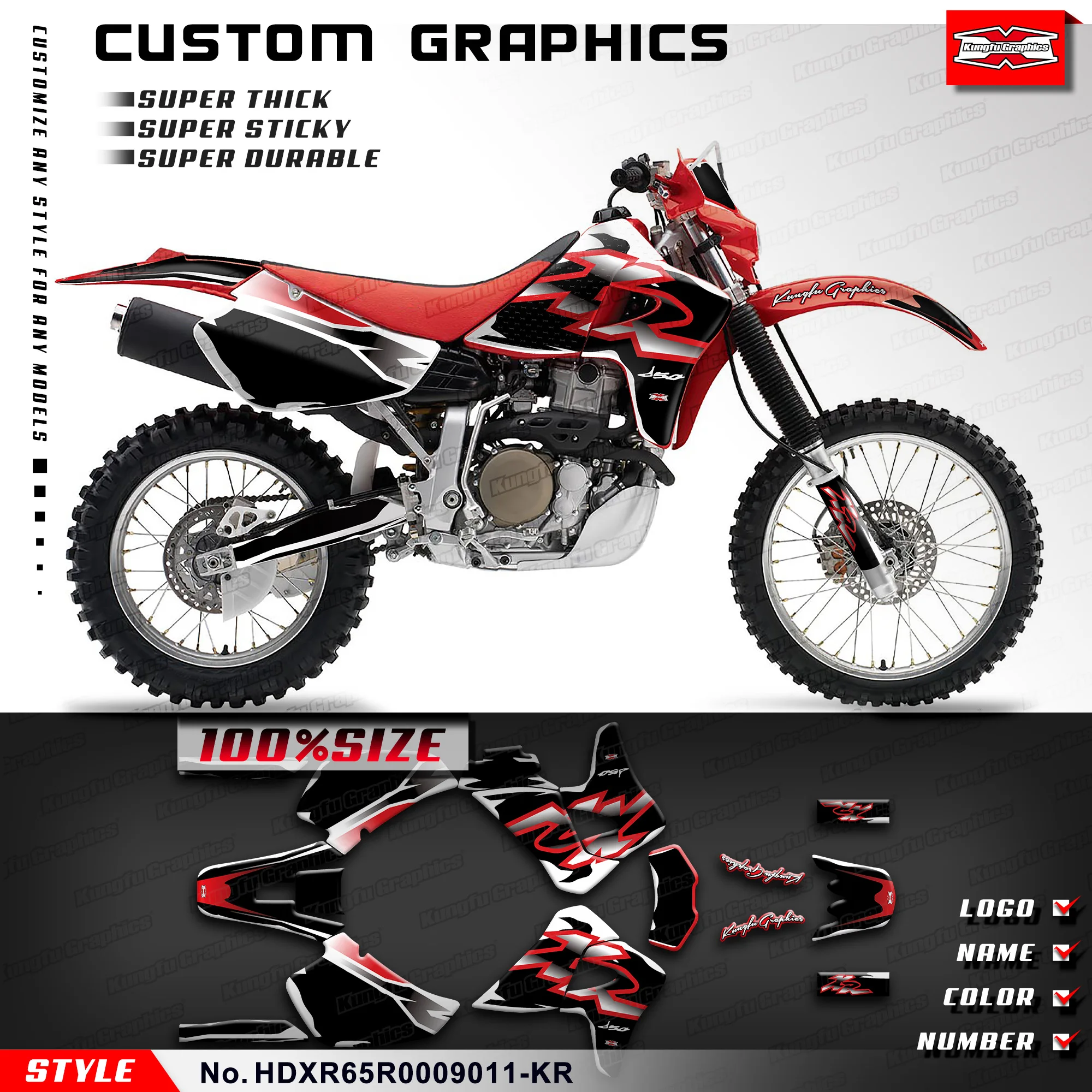 KUNGFU GRAPHICS Custom Dirt Bike Stickers Motorcycle Graphics for HONDA XR650R 2000 2001 2002 2003 2004 2005 2006 2007 2008 2009