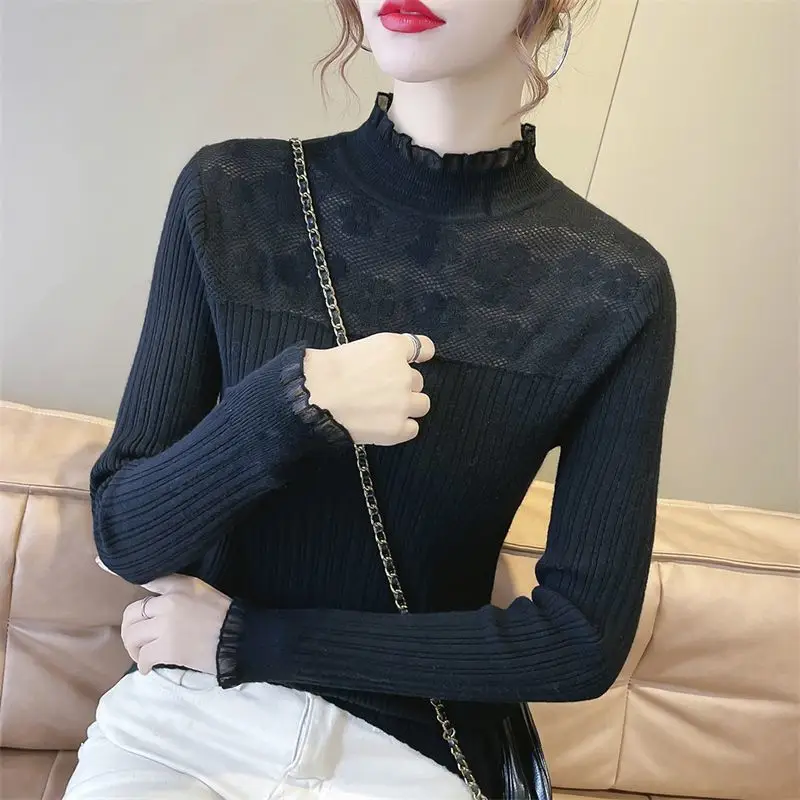 Women Spring New Trendy Elegant Half High Collar Pullover Base Layers Hollow Out Lace Spliced Sweater Versatile Long Sleeve Tops