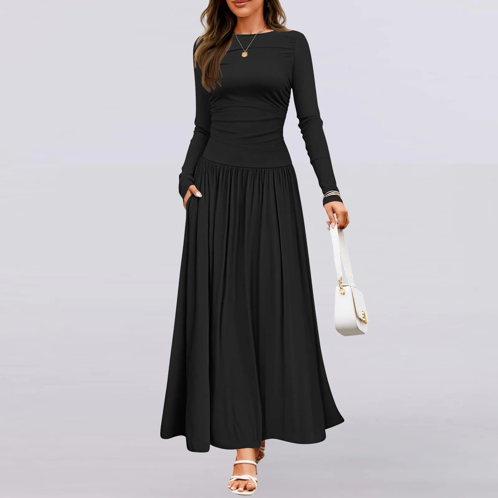 Autumn Vintage Black Long Dress Women's Slim Fit Elastic Patchwork Full Sleeved A-line Pleated Female Floor Length Dresses