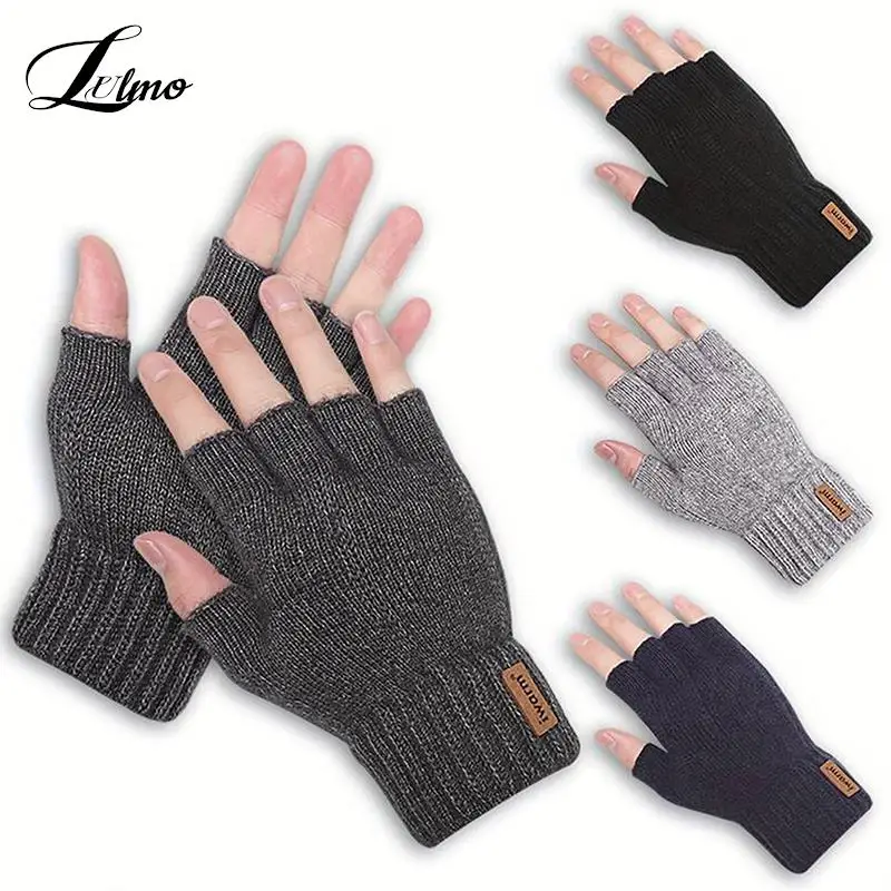 

Winter Gloves For Men Half Finger Writting Office Cycling Knitted Gloves Students Alpaca Wool Warm Thick Elastic Driving Gloves