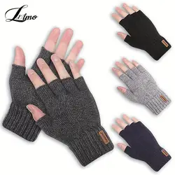 Winter Gloves For Men Half Finger Writting Office Cycling Knitted Gloves Students Alpaca Wool Warm Thick Elastic Driving Gloves