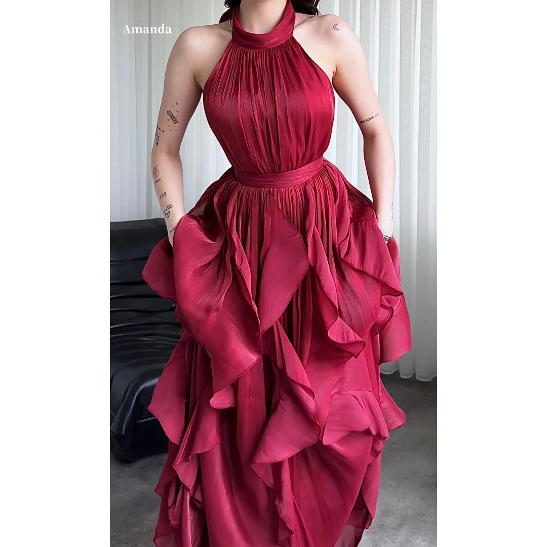 

Amanda Customized Red Halter Neck Ruffled Chiffon Prom Dress Elegant High Waist A Line Maxi Formal Evening Party Gala Gown 2026