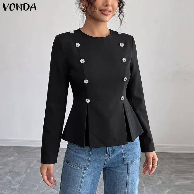 VONDA Women Long Sleeve Blouse Elegant Button Pleated Hem Tops O Neck OL Work Autumn Shirt Casual Blusas Tunic Streetwear