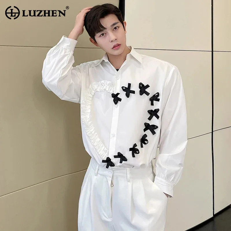 LUZHEN Menwear Clash Casual New Style Shirt Korean Personality Bow Heart Pattern Design Loose Light Luxury 2024 Chic Tops LZ7391