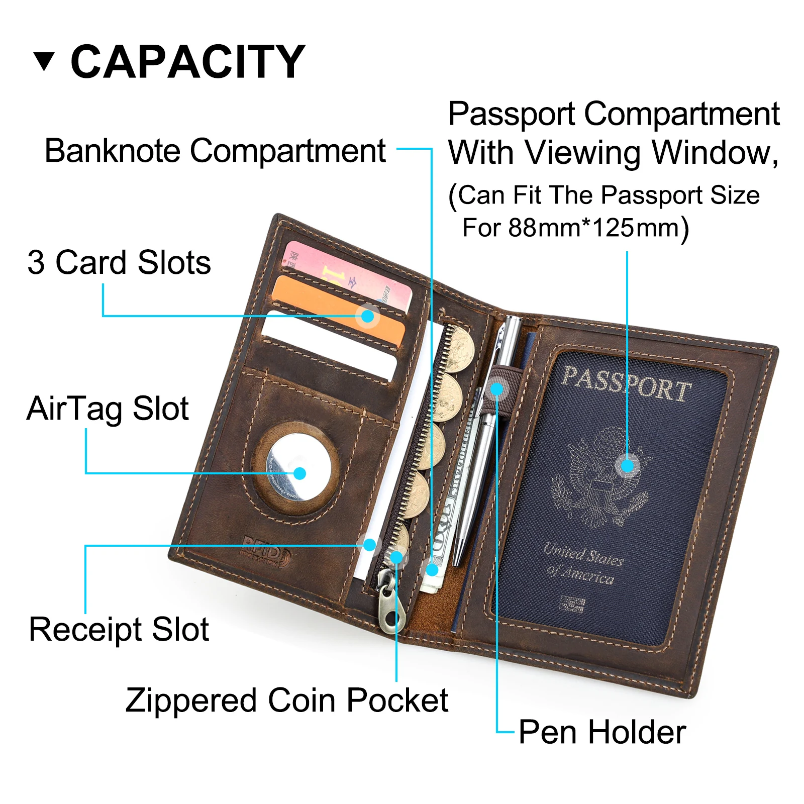 CONTACT'S Genuine Leather Passport Wallets for Men Card Holders Coin Purses Pen Slot AirTag Slot Men Travel Slim Passport Cover