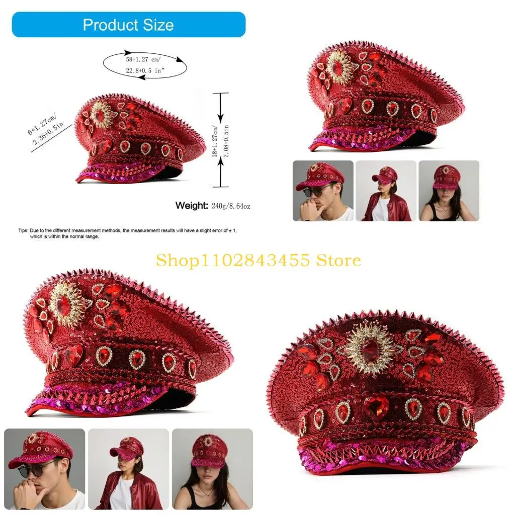 

49mc Sparkly Hat невеста Heavy Crystal Sequins Captain Hat для актрисы Live Show