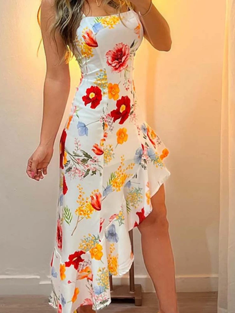 Dress Women Long Dresses Print Floral Slim Fit Sexy Sling Sleeveless Irregularity Ruffles Mid Length Vestidos Elegant Splice