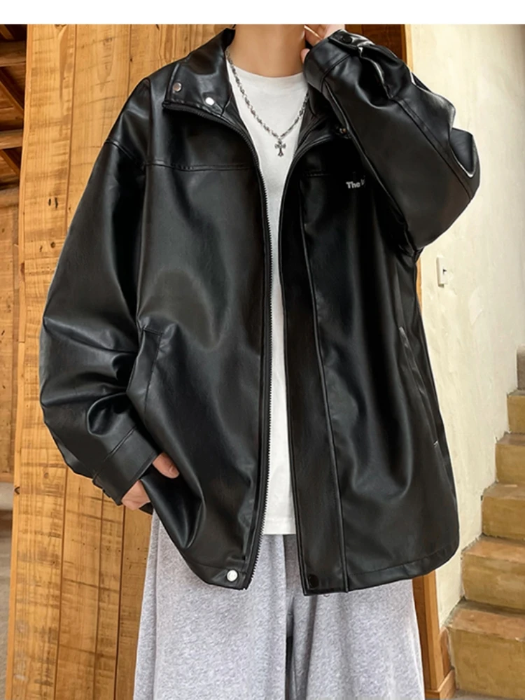 

Casual Loose Leather Jaet Men's Spring Autumn New Sle Trendy Brand American Retro Biker Vest Turn-down Collar Leisure Coat