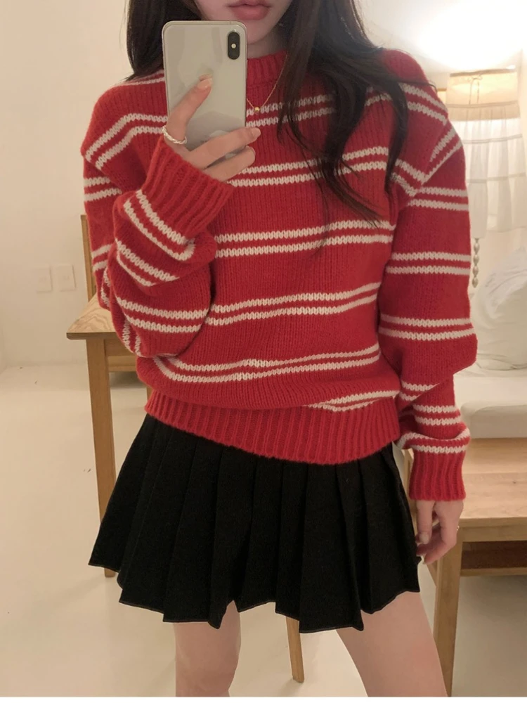 

Korobov French Vintage Sweaters Contrast Color Stripe Pullovers New Women Clothing Sueters De Mujer Korean Fashion Knitted Top