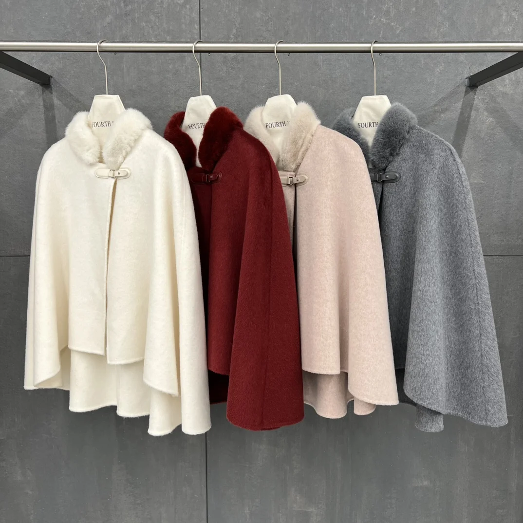 

Fashion Short Small Shawl Mink Fur Collar Cashmere Double-Faced Wool Coat Shawl Cape High-End Woolen Coat For Women