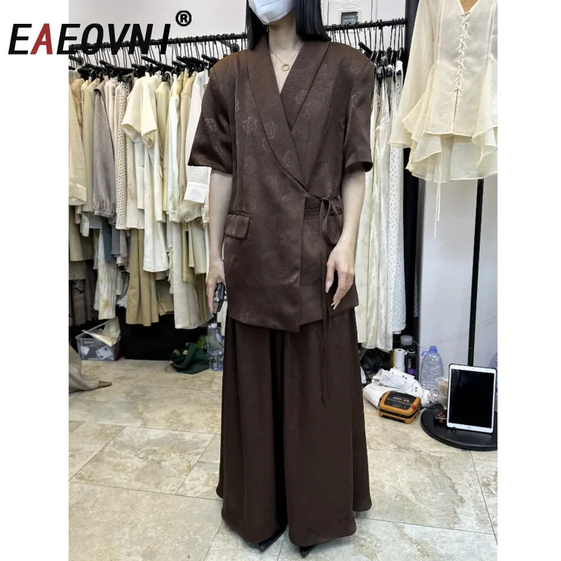 

EAEOVNI Fashion Women Two Piece Set Flower Lace-up Waist Short Sleeve Blazer Coat + A Line Long Skirt Temperament 2025 Clothing