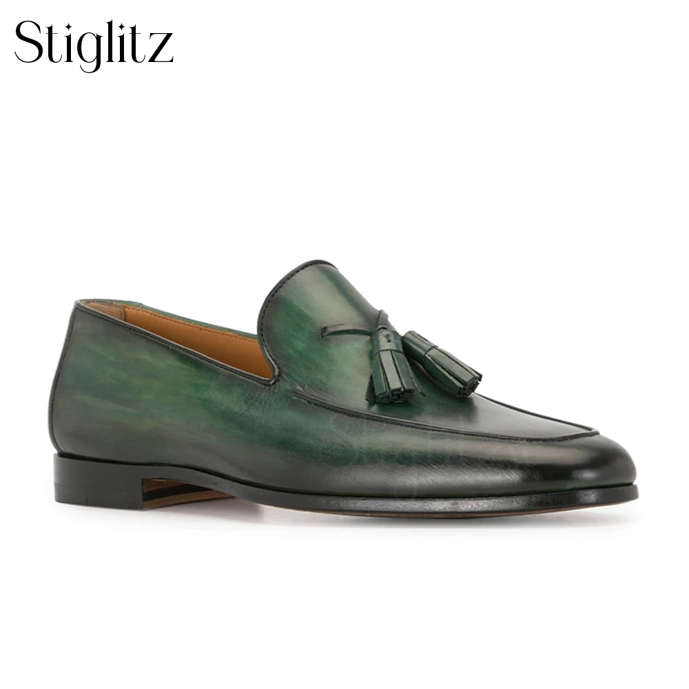 Hand Painted Tasseled Leather Loafers Elegant Dress Shoes for Men Designer Style Luxury Handmade Shoes Dark Blue Emerald Green