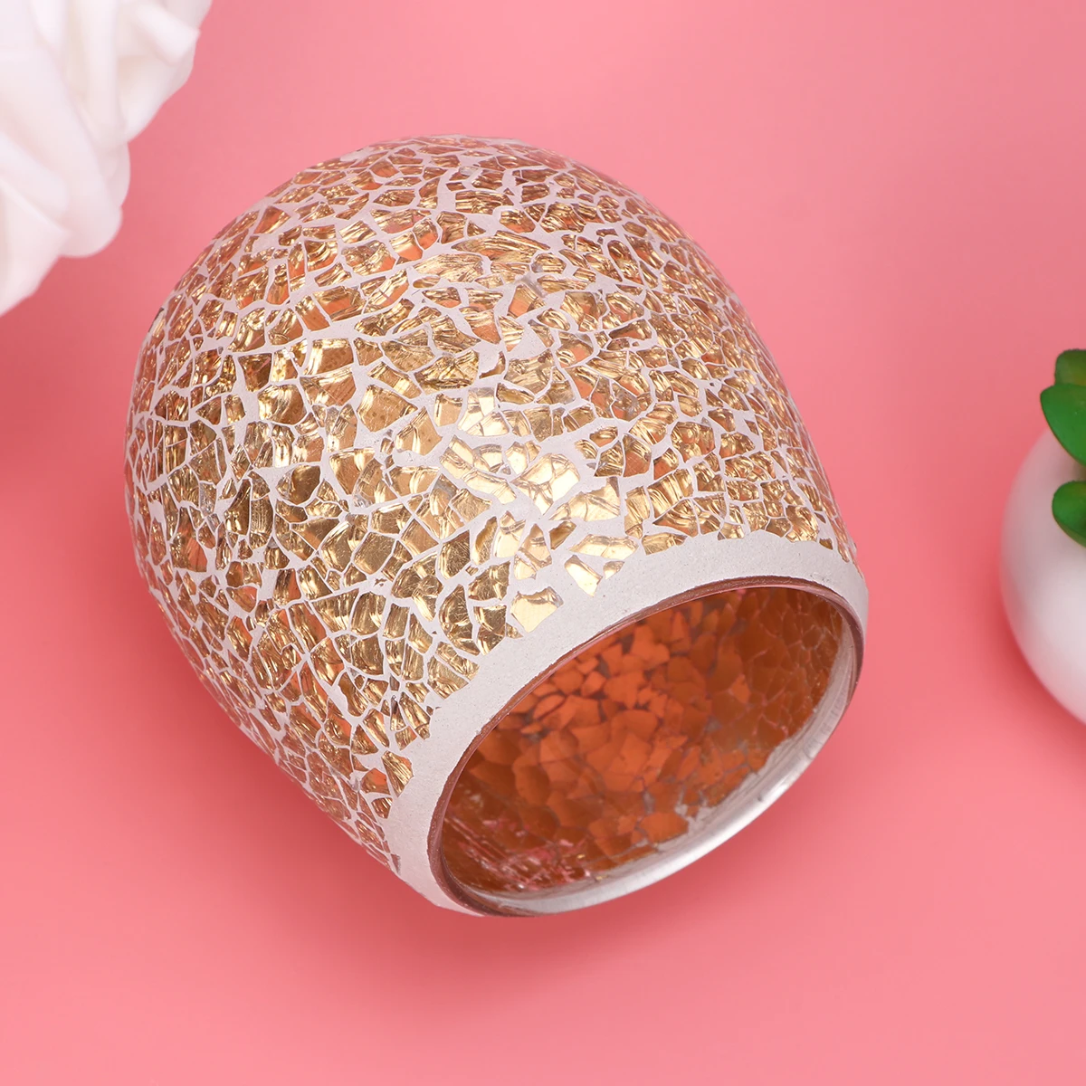 

European Style Mosaic Holder Gold Glass Tealight Cup Decorative Accent for Restaurant Wedding Home Decor