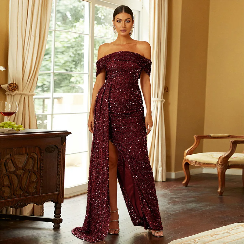 

Sexy Long Sequin Evening Dr One oulder Wedding Birthday Ball Gown plus Size mid Waist Polyester Fiber ort Sve