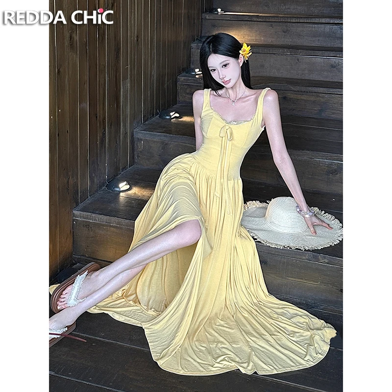 

ReddaChic Solid Casual Women's Knit Dress Lace Patchwork Square Neck Bow Sleeveless Split Long Dress Going Out Summer Clothes