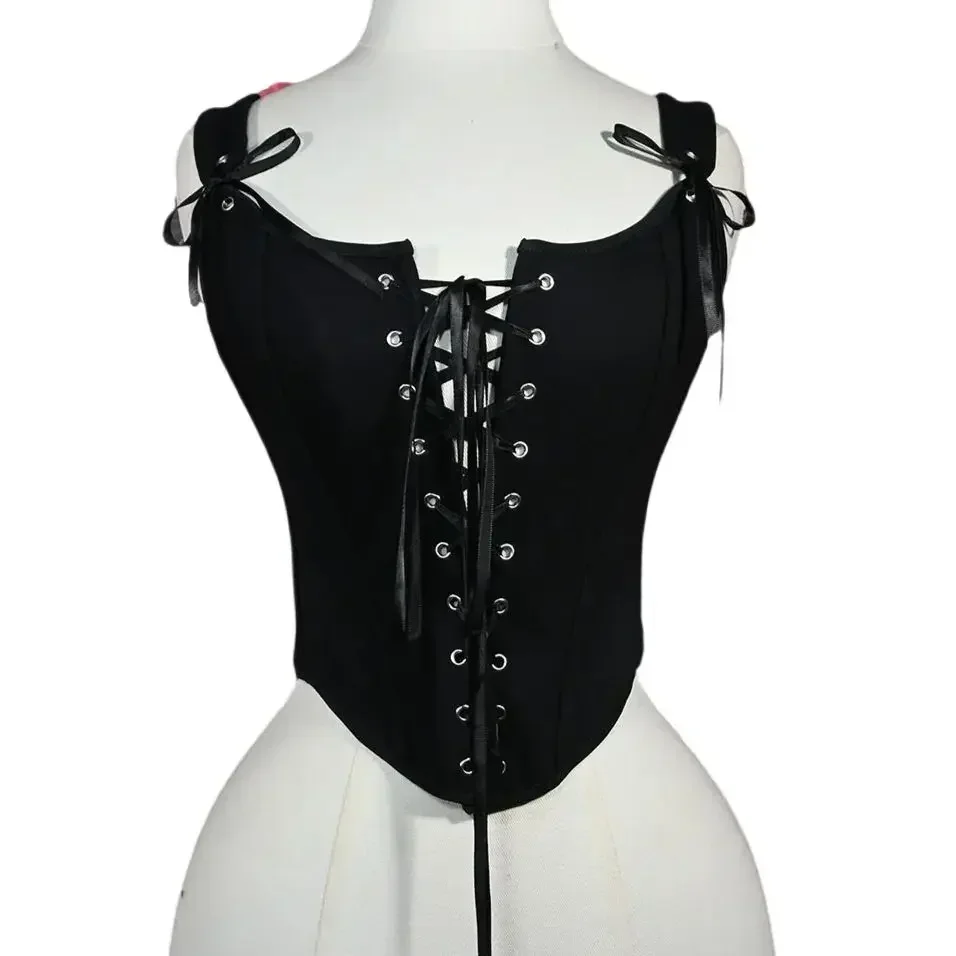 

Women Cotton Black Corsets Bustiers with Straps Lace Up Vintage Sexy Bodices Waist Trainer Tank Top Fashion Summer Streetwear