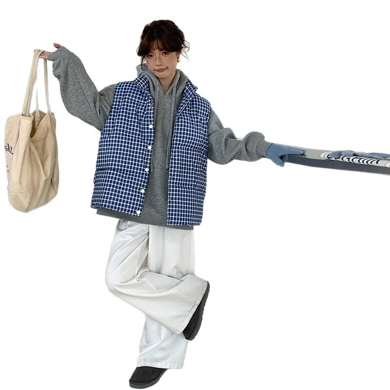 2025 Autumn and Winter Leisure Warm Plaid Stand-up Collar Cotton-padded Vest