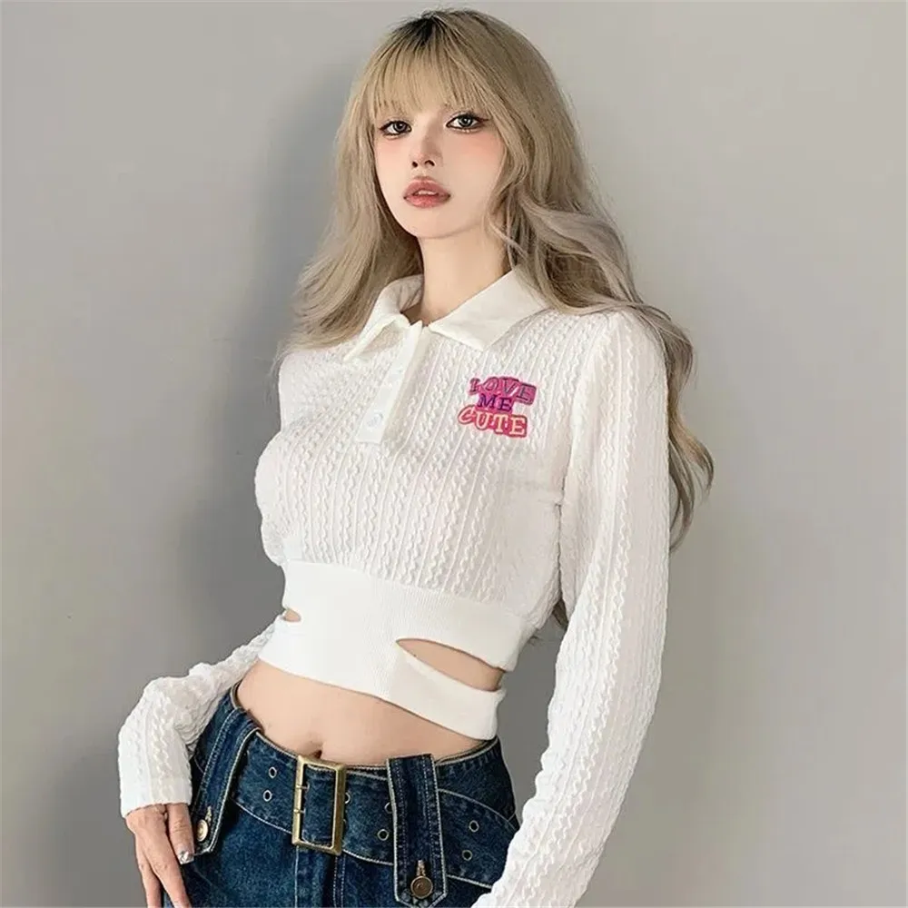 Cute Letter Embroidery Cropped Top White Waist Hollow Out Sexy Knit Shirt Women Korean Style Kawaii Button Up Jumper Streetwear