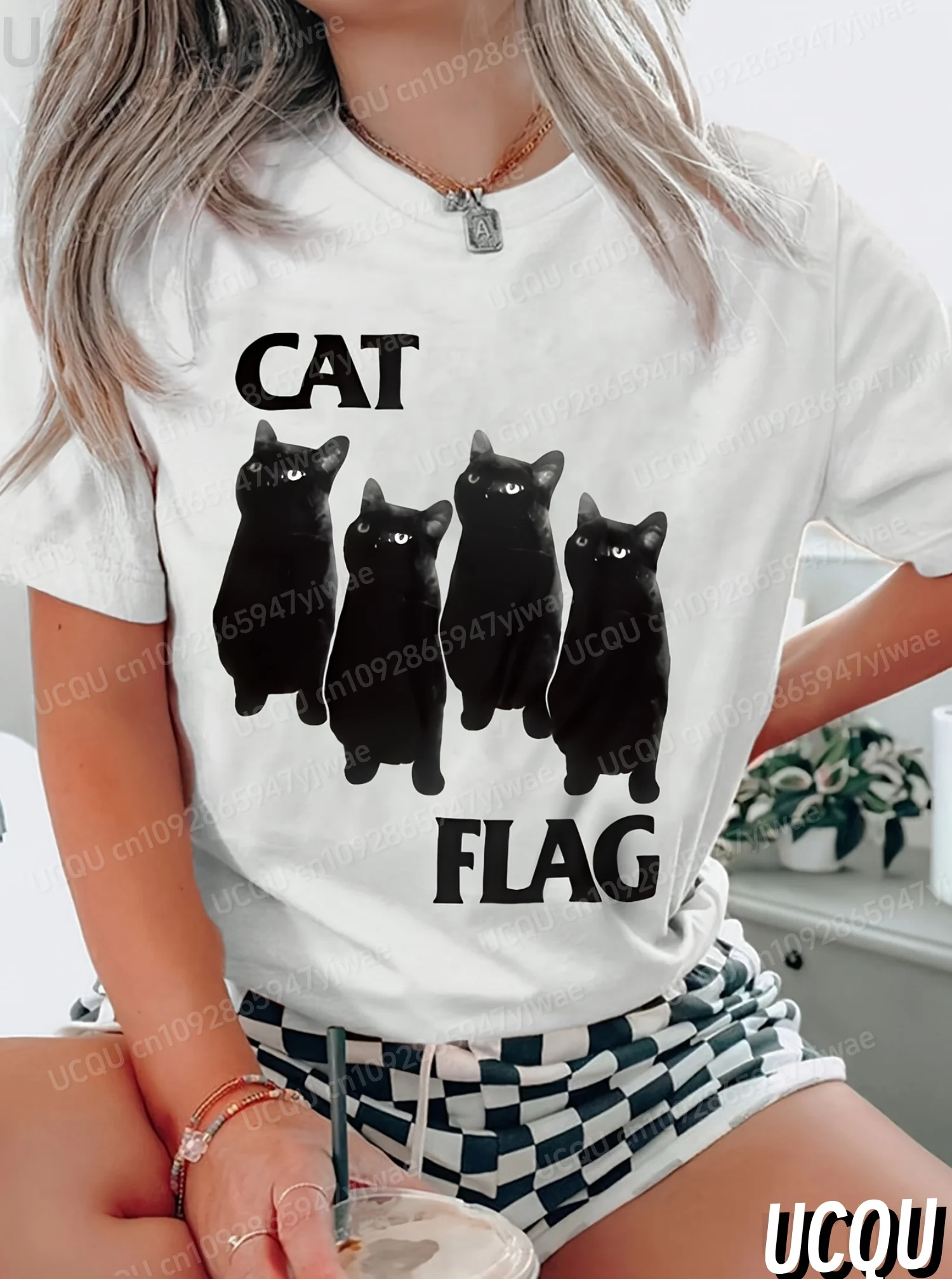 

New In Women Fashion Black Cats Print O-Neck Short Sleeve T-Shirt Summer Tee Women Daily Oversize Sport T-Shirt Women Clothing