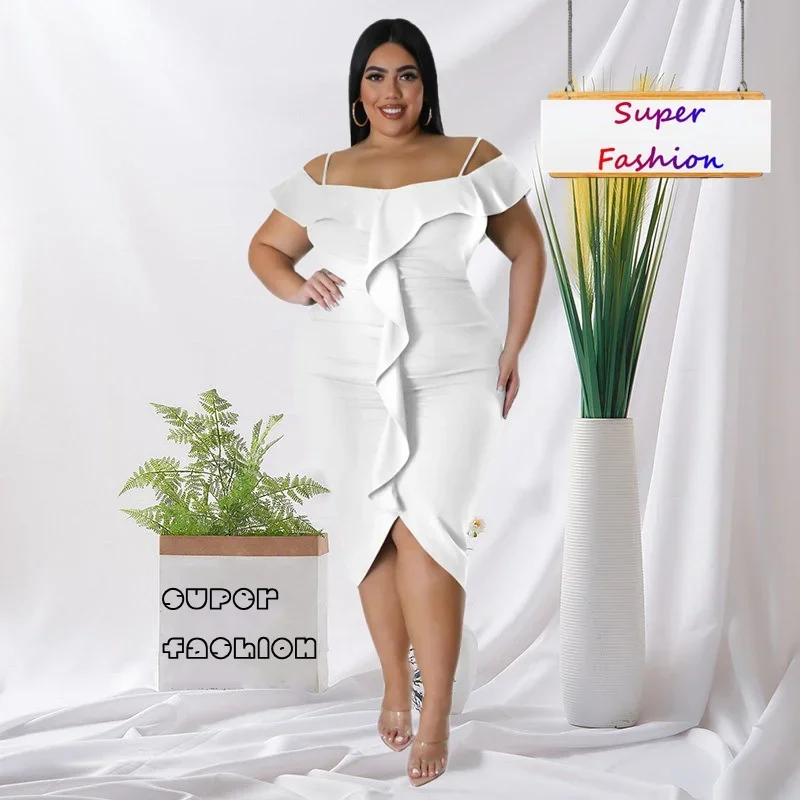 WSFEC L-4XL Dresses for Women 2024 New Spring Summer Plus Size Clothing Halter Ruffles Bodycon Plus Size Black Women Dress