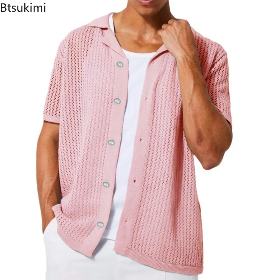 Fashion New Men's Knitted Short Sleeve Shirt Summer Cool Hollow Out Cardigan Casual Lapel Tops Solid All-match Knit T-shirt Male