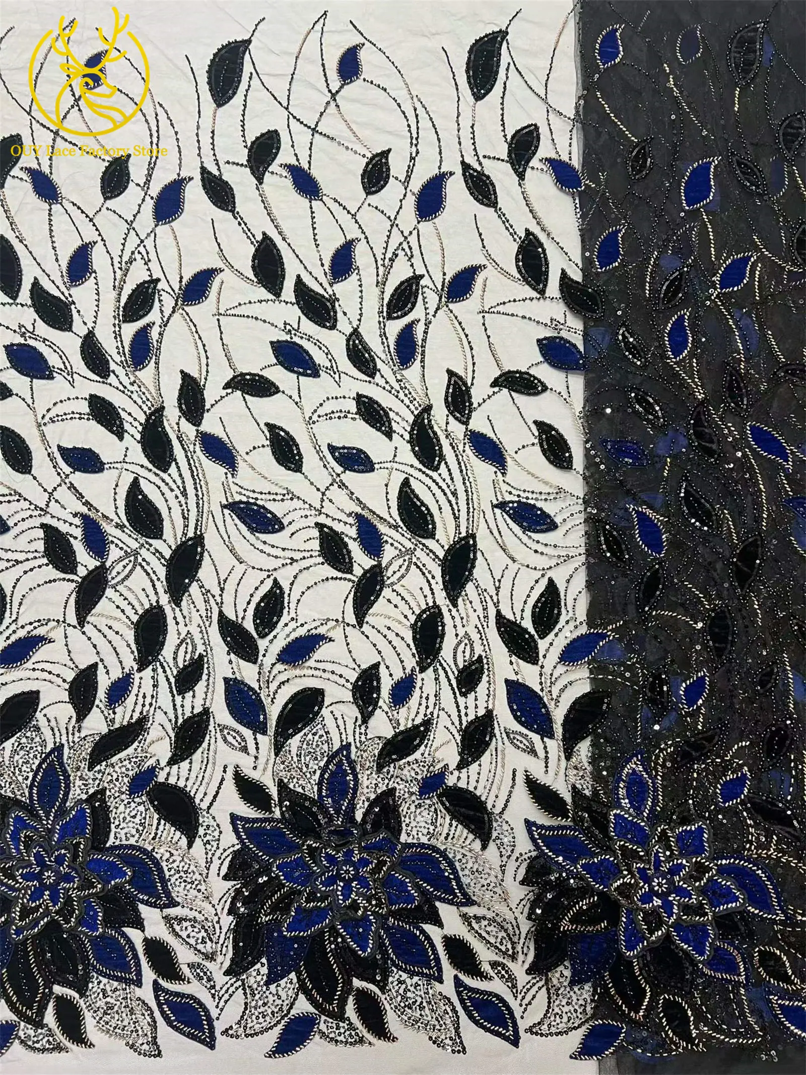 3D-Blumen handgefertigter Perlen-Spitzenstoff, afrikanischer Spitzenstoff, exquisiter nigerianischer Pailletten-Tüll-Spitzenstoff für Hochzeitskleider zum Nähen – Detail 14