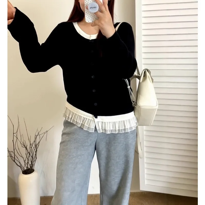 

Women's Fake Two-piece Top Women's Spliced Jacket 2025 Autumn Loose Knitted Cardigan