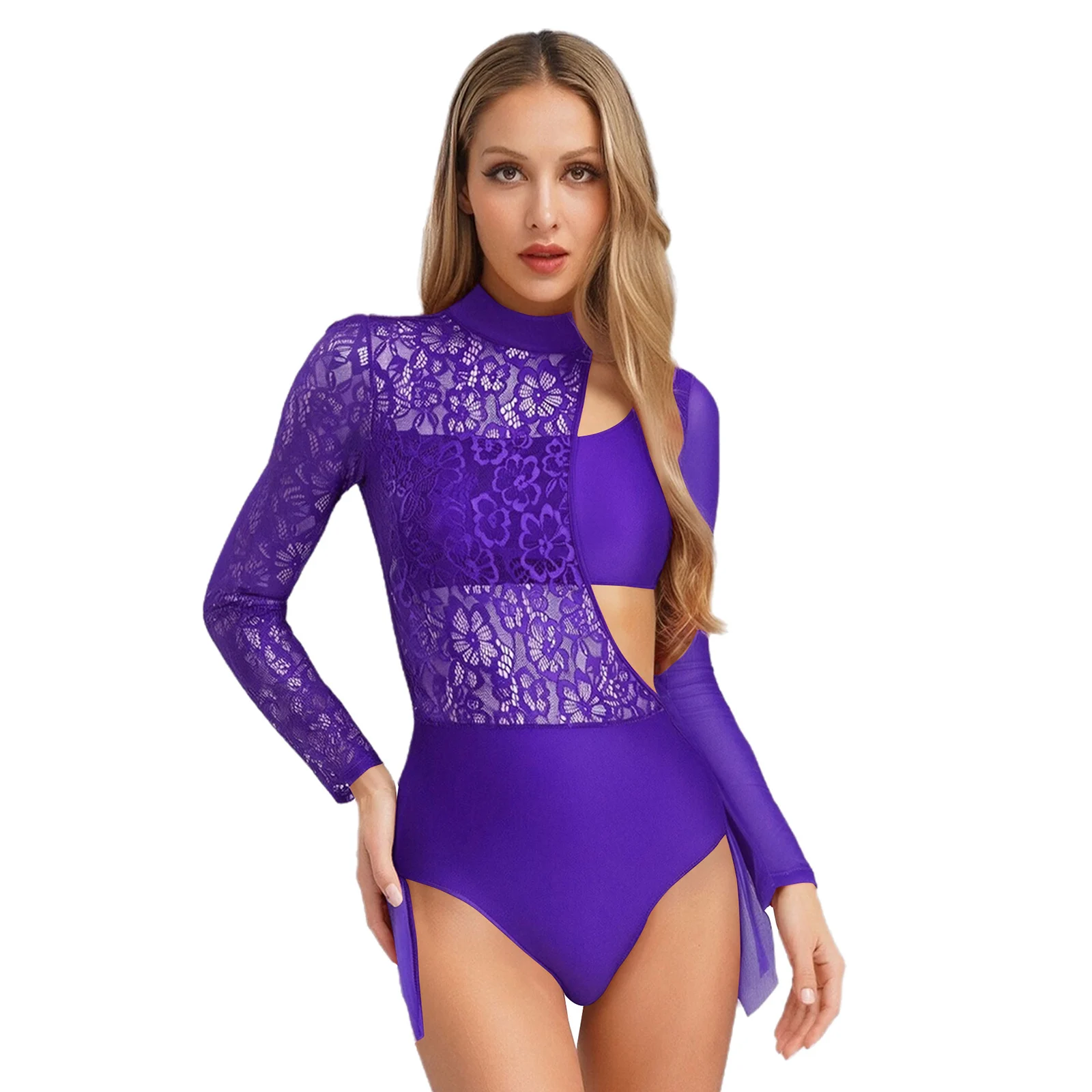 

Womens Tango Dance Costume Latin Skirted Leotard Mock Neck Long Sleeve Irregular Latin Bodysuit Dance Competition Dancewear