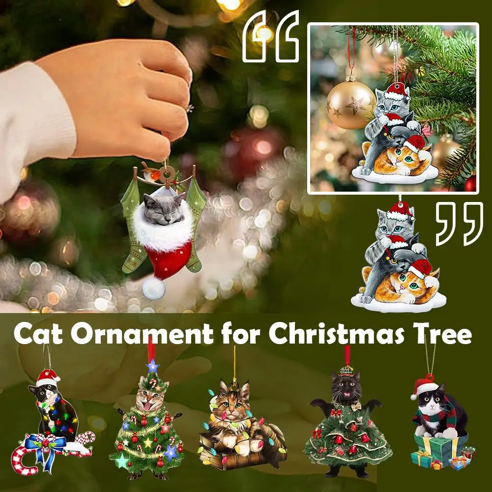 Cute Christmas Tree Screaming Cat Ornament Acrylic Decoration Pendant Ornament Printed Cat 2Side Home Acrylic Printing Chri J3Y9