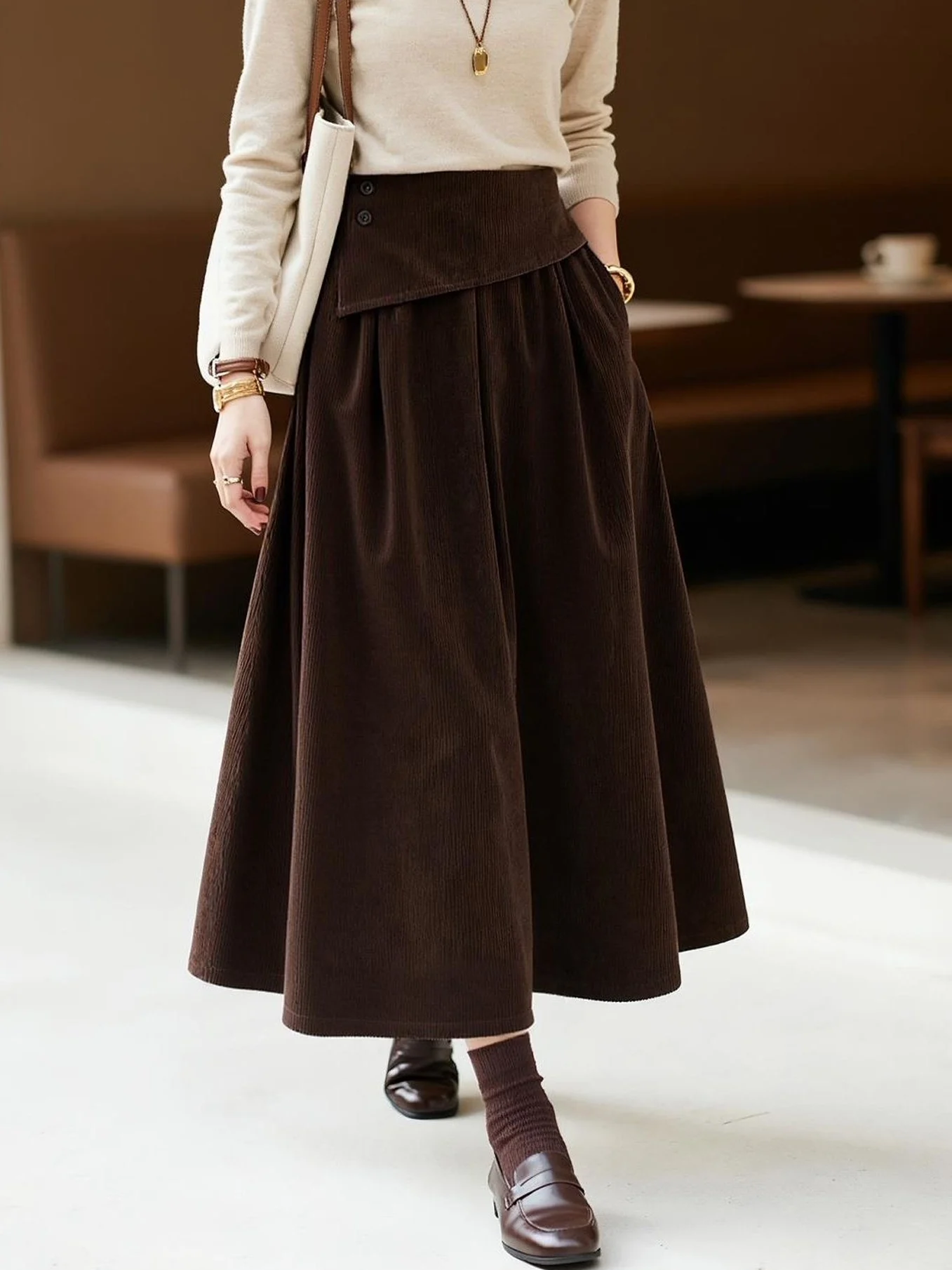 Elegant Deep Brown Asymmetrical A-Line  Skirt for Women High Waist Umbrella Skirt Commute Style Casual Chic Autumn New Ar...