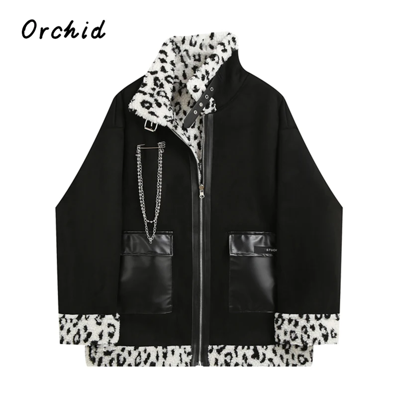 2023 American Retro Leopard Print Patchwork Mock Neck Chain Decorate Coat Women Flap Pocket Goth Punk Streetwear Warm Jacket Top