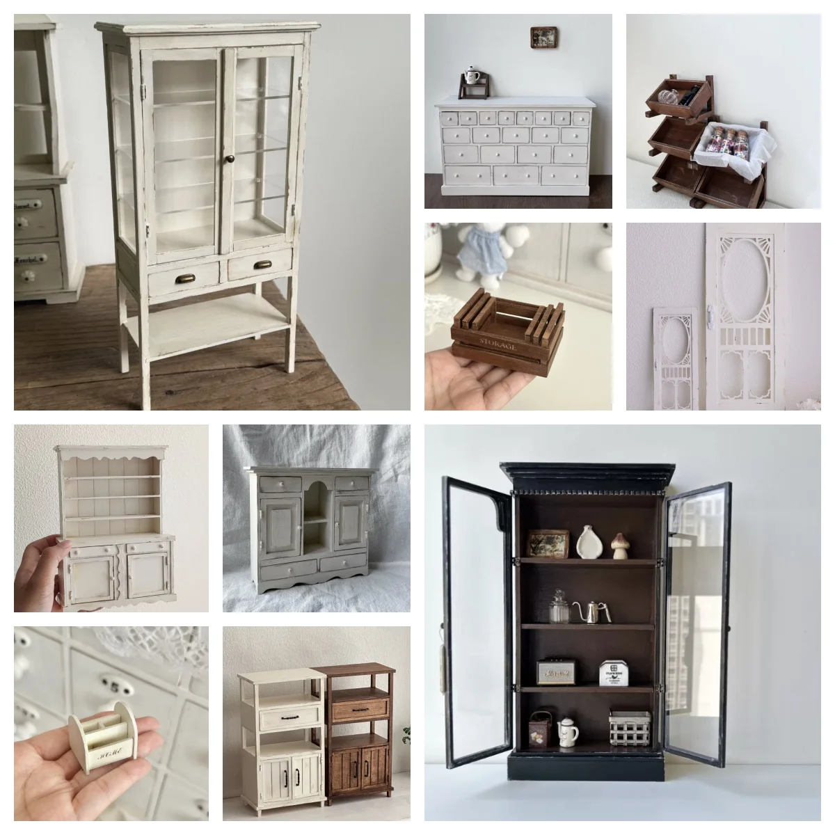 

27 Pcs 1:6 DIY or Finished Vintage Furniture: Glass Display Cabinet, Rainbow Drawer Chest & Carved Cabinet for BJD Dollhouse