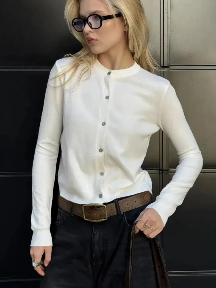 Fashion Women Knitted Cropped Cardigan Top Round Neck Single Breasted Autumn Outerwear Fashion Female Solid Casual Sweater