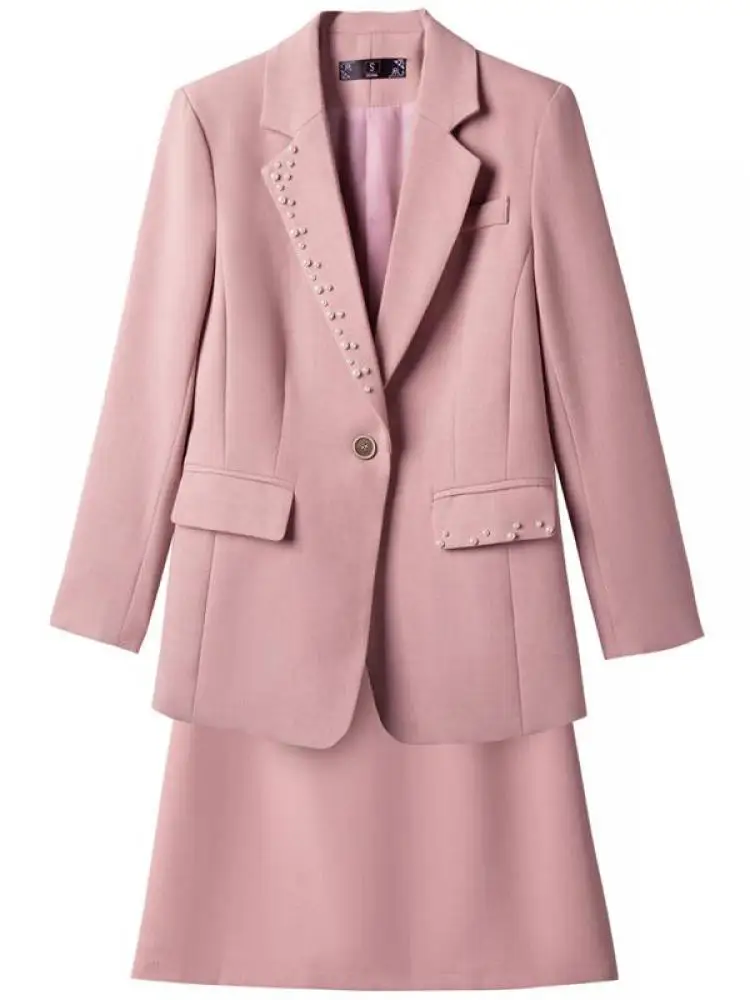 

Spring Autumn Suit Women Solid Pearl Elegant Long Sleeve Single Button Blazer Coat And High Waist Short Skirt Two-piece Set Chic