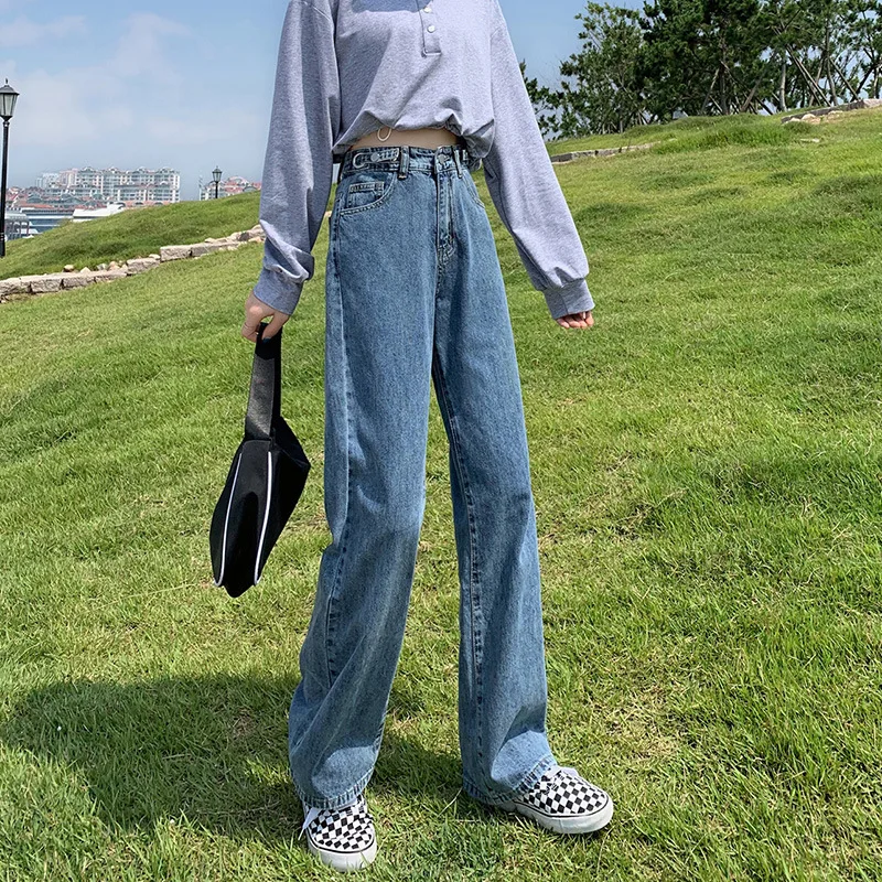 

Женские широкие джинсы с высокой талией, моделирующие фигуру, новая модель 2023 года, брюки в пол в стиле Hyuna с регулируемым поясом.