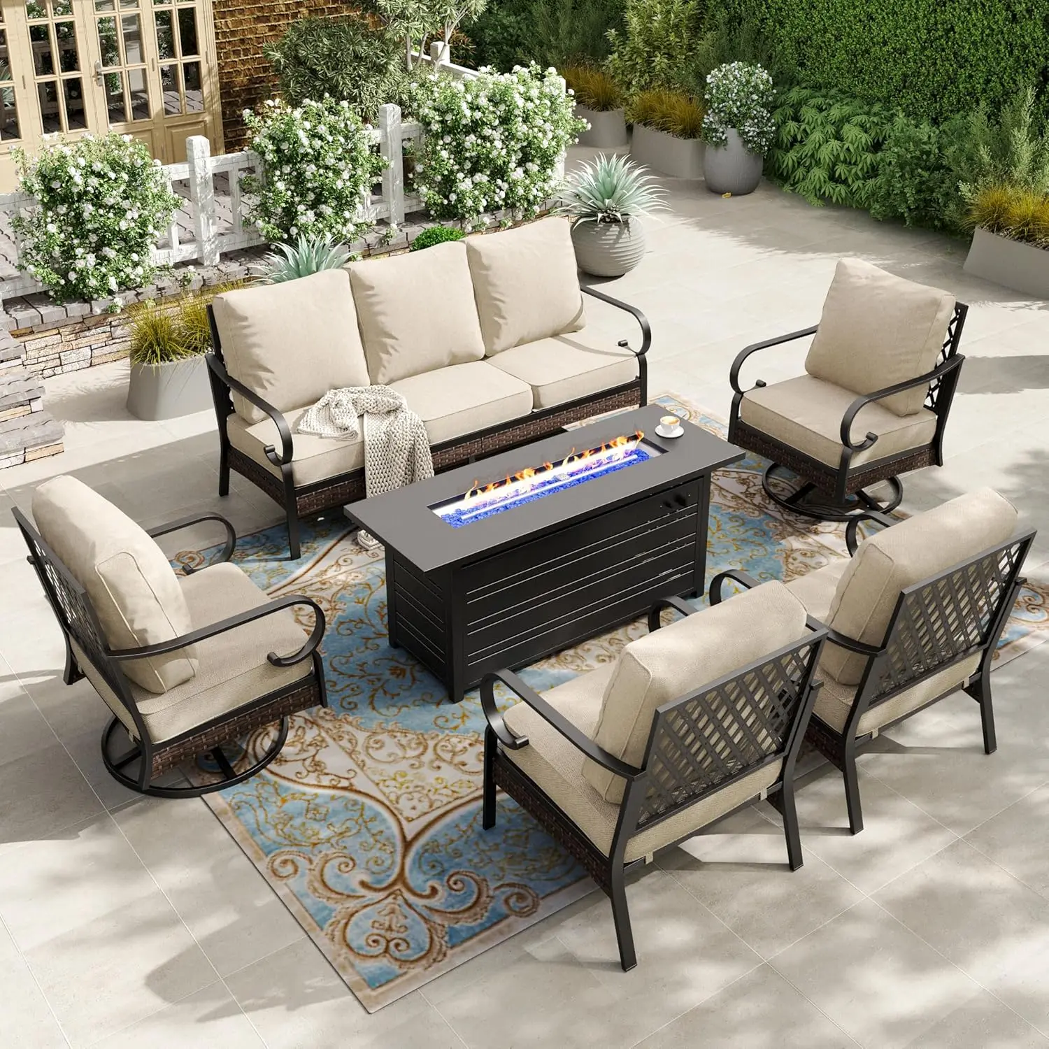 

Комплект для патио из 6 предметов: стол-очаг 56 дюймов, всепогодный 3-местный диван, 2 поворотных и 2 стационарных кресла, 7 мест, для улицы, бежевый, на заказ