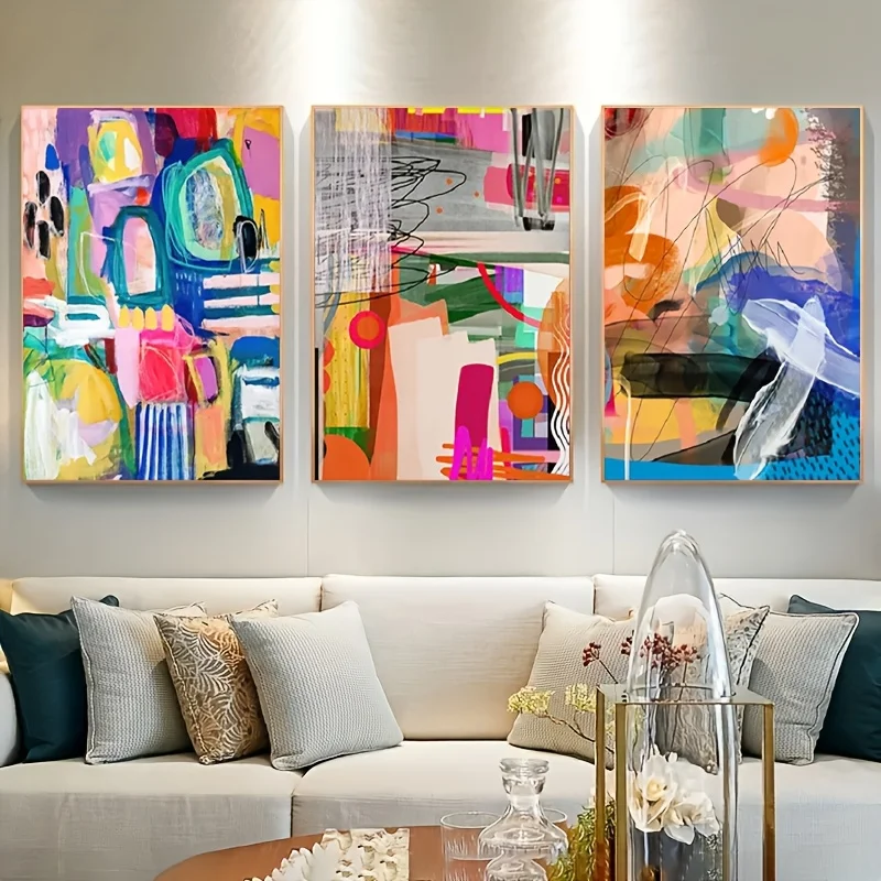 3pcs Abstract Art Canvas Prints Set, Modern Geometric Line Drawing, Art Deco Glam Style, Fashion Theme, Frameless Wall Hanging D