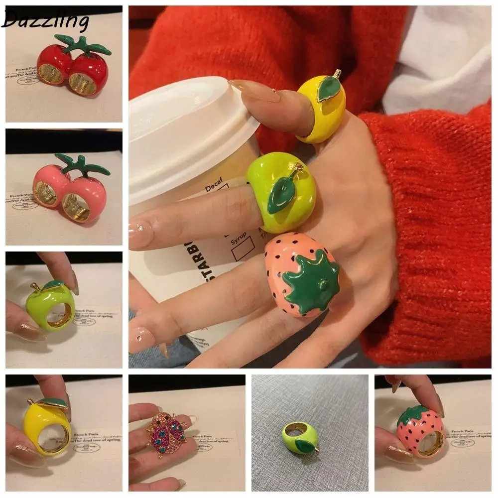 

Unique Strawberry Drip Oil Ring Lemon Dripping Oil Painting Ring Korean Style Minority Design Fruit Enamel Ring Men