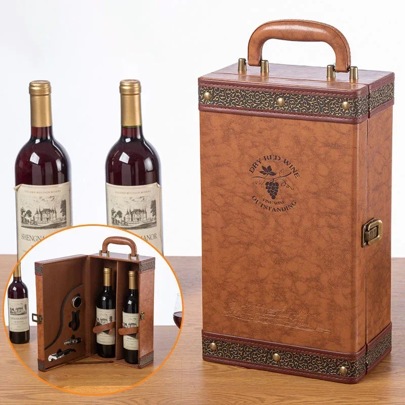 

750ml Double Bottles Leather Red Wooden Wine Box Solid Wood Wine Holder Wine Organizer Wine Gift Box Bar Sets