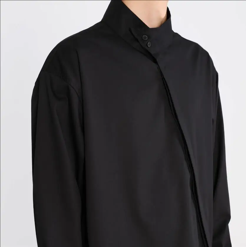 Autumn Men Black Long Sleeve Shirts Stand Collar Yamamoto Yoshi Wind Niche Design Vintage Singer Costumes Plus Size Tops S-5XL