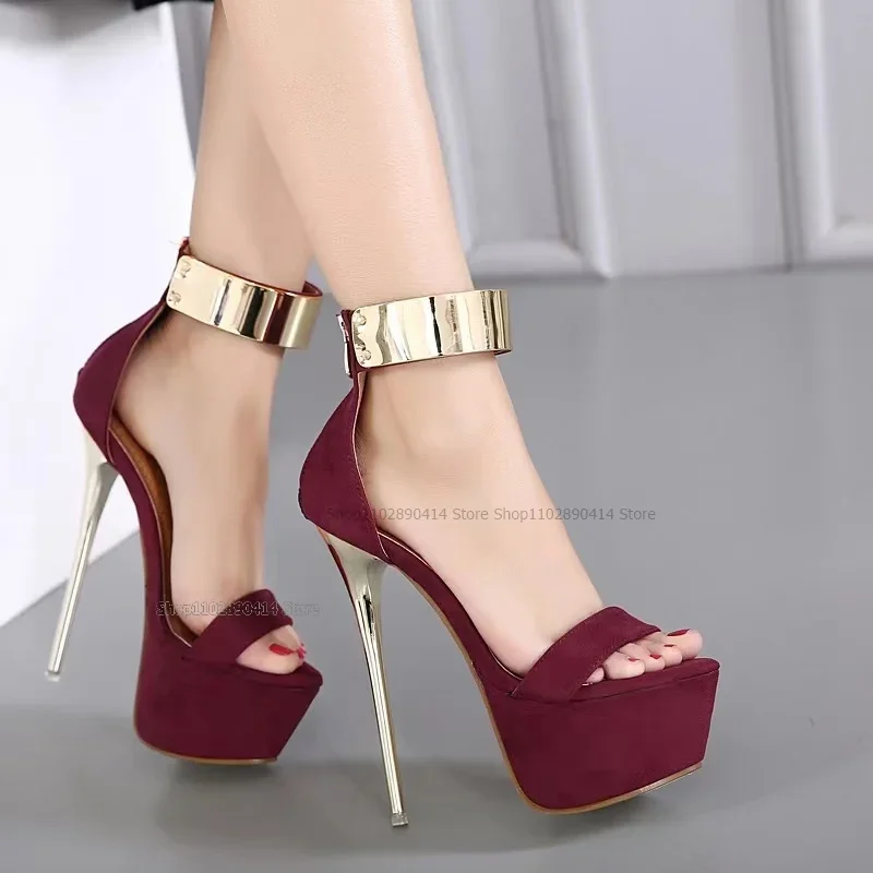 

Metal Heel Flock Platform Sandals Ankle Cover Heel Women Shoes Stilettos High Heels Open Toe Novel Fashion Sexy Zapatillas Mujer