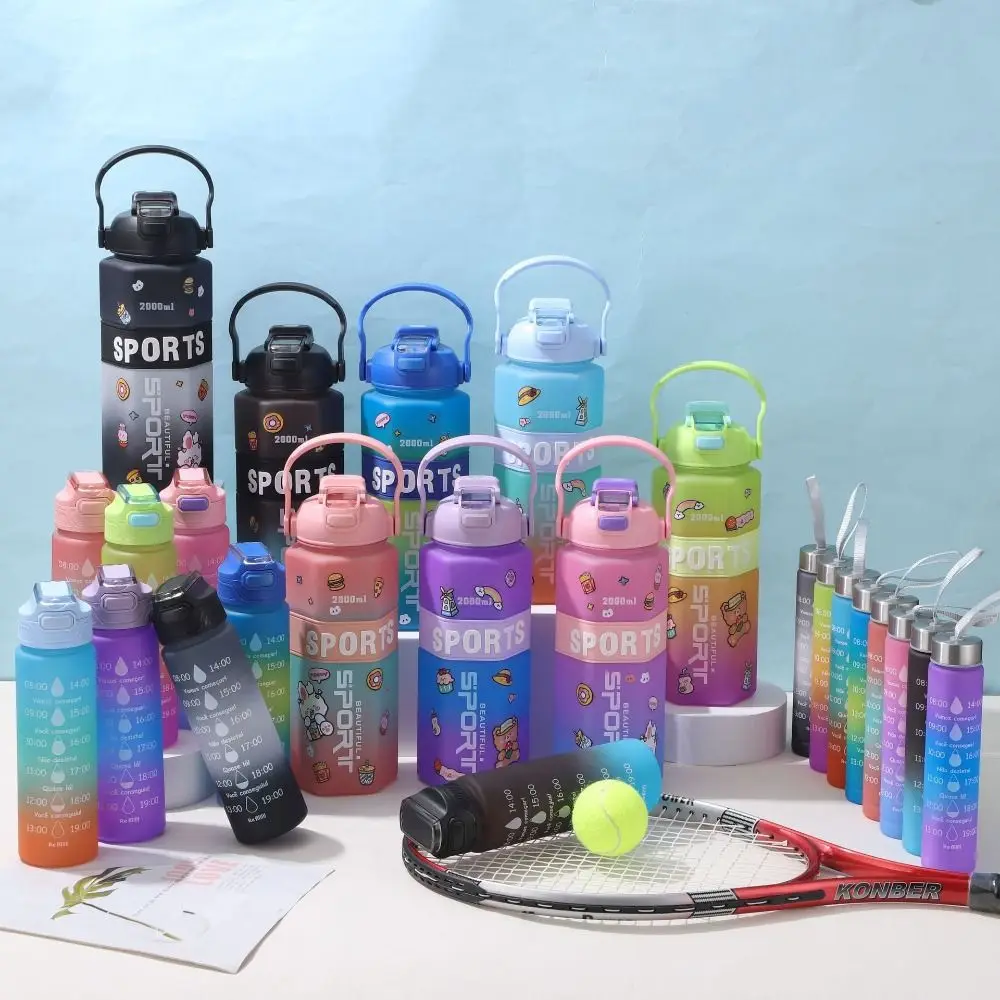 Three Piece Set Sports Water Bottle Set Cartoon Stickers Hexagon Leak Proof Colorful Cup Large Capacity with Straw