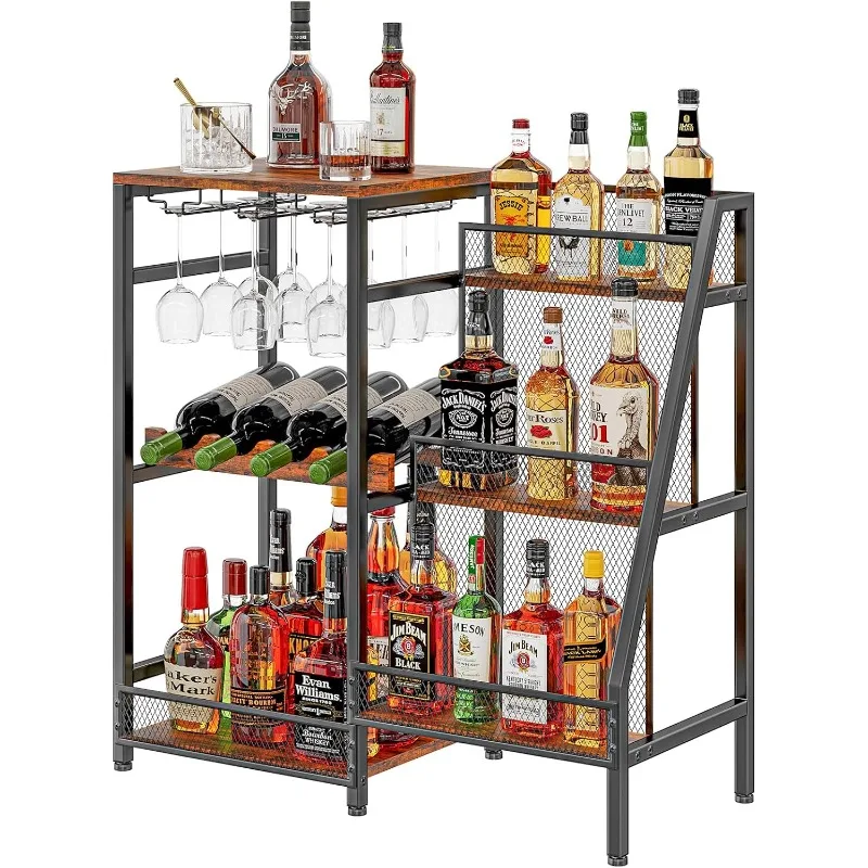 Wine Rack Freestanding Floor, Mini Bar Table, Whiskey, Three-tiered Trapezoidal Wine Bottle Display Rack, Glass Holder and Fence