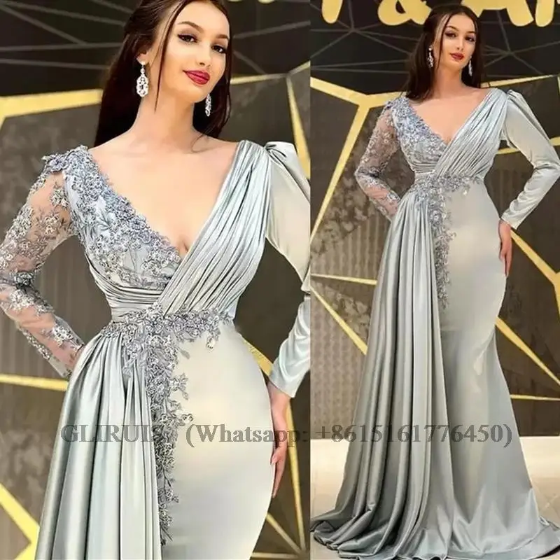 

Silver Long Sleeves Evening Dresses Sexy Vestidos De Festa Lace V-Neck Soft Satin Mother Of Bridal Wedding Party Gowns